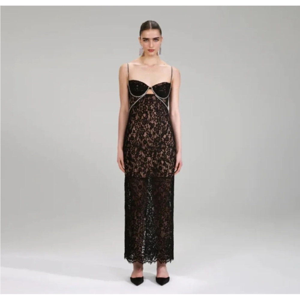 Self Portrait Black Lace Rhinestone Embellished Shoulder Strap Long Dress NWOT - Picture 3 of 14